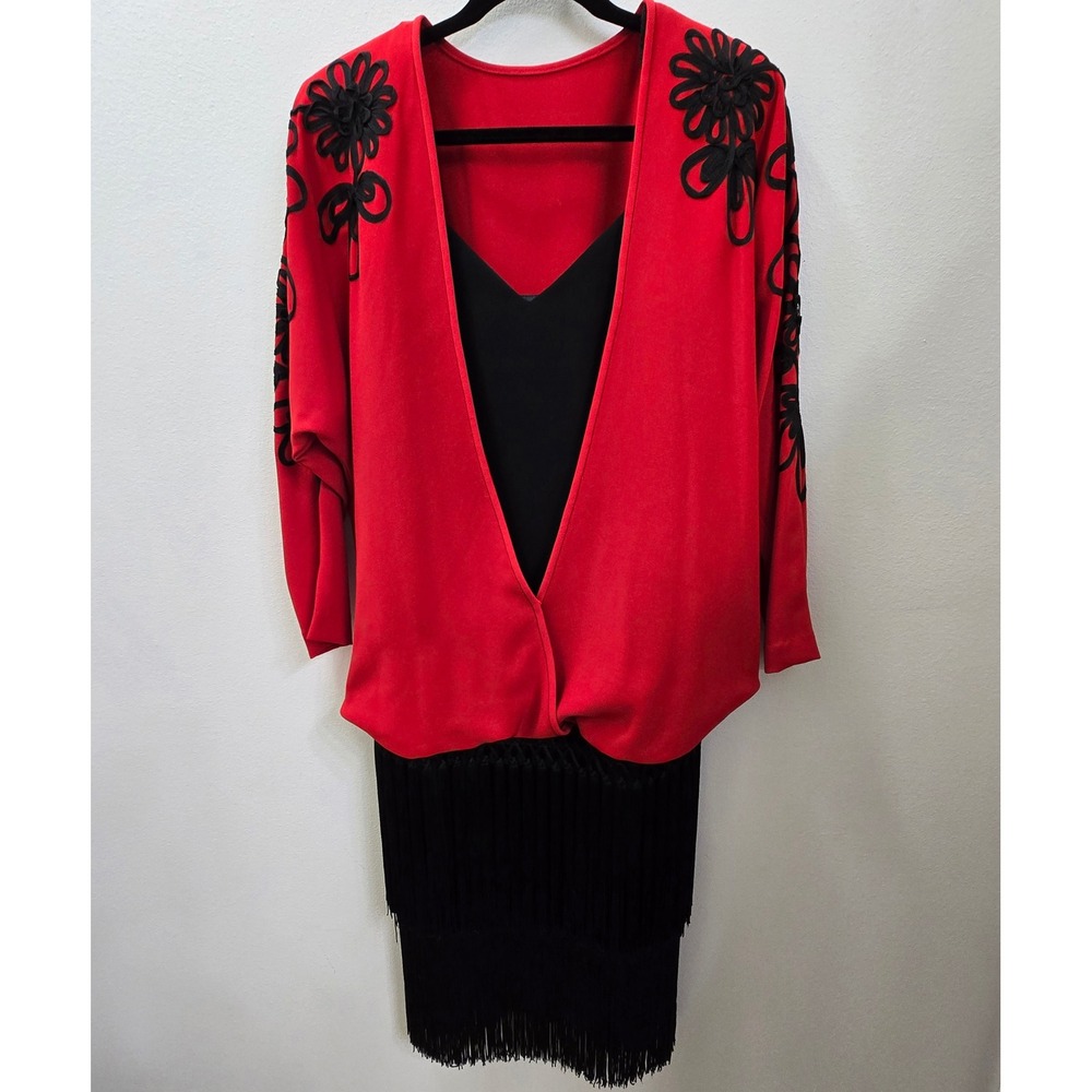 Vintage Casadei Red Black Fringe Soutache Floral Evening Dress Size 10 USA Made‎